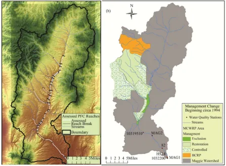 Figure 4. (a) PFC stream reaches assessed along Maggie Creek, NV. (b) Management change and water quality stations in the maggie creek watershed restoration project (MCWRP) and the beaver creek riparian pasture (BCRP), NV