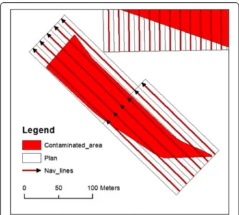 Fig. 11 Navigation lines feature class generated by the navigation line model overlaying the clean-up parcels feature class