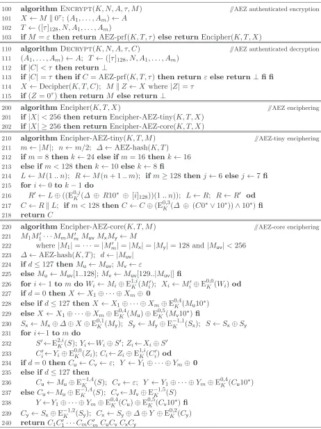 Fig. 5. Main routines of AEZ. The tweakable blockcipher E, the hash AEZ-hash, and the PRF AEZ-prf aredeﬁned in Fig