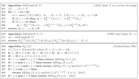Fig. 6. AEZ’s hash, PRF, and TBC. The last is the locus of prove-then-prune scaling-down