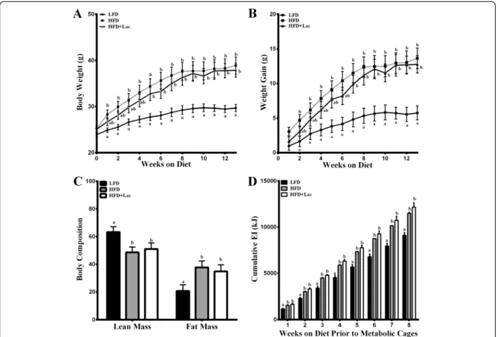 Table 1 Metabolic parameter assessments over 24 h for mice fed for 13 weeks with either a 10 % kJ low fat diet with 20 % casein (LFD), 40 % kJ fat diet with 20 % casein (HFD), or 40 % kJ fat diet 20 % lactoferrin (Lac)