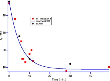 Figure 8. Persistence length decrease as a function of time for the optical tweezers (Red dots) and AFM (black dots)
