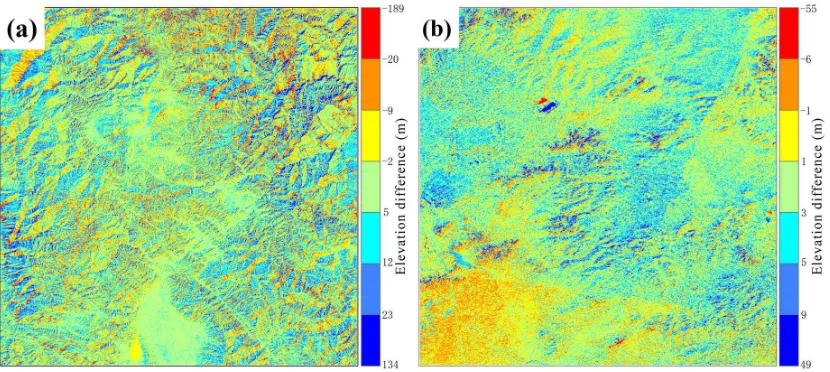 Figure 9. Illustration of the elevation difference between the AW3D30 and SRTM-1 in (a) the mountainous area, and (b) the low-relief area