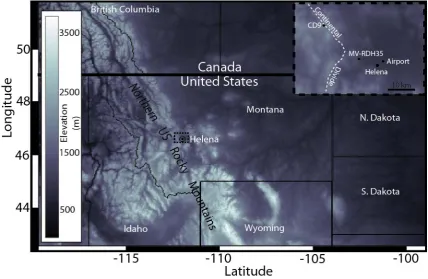 Figure 1. Mapview showing the location of the Northern US Rocky Mountains. Inset shows the location where GT measurements were made at well CD9, located at an elevation of 2097 m on the continental divide, and well MV-RDH39, located at Fort Harrison Army R