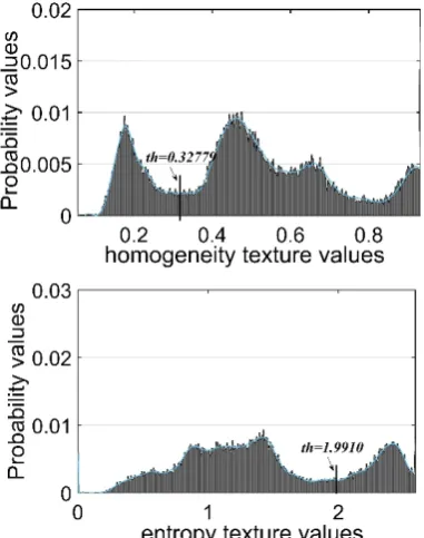 Fig. 4.  Type Ⅰ: the typical bimodal histograms of homogeneity (upper) and entropy (lower) texture features