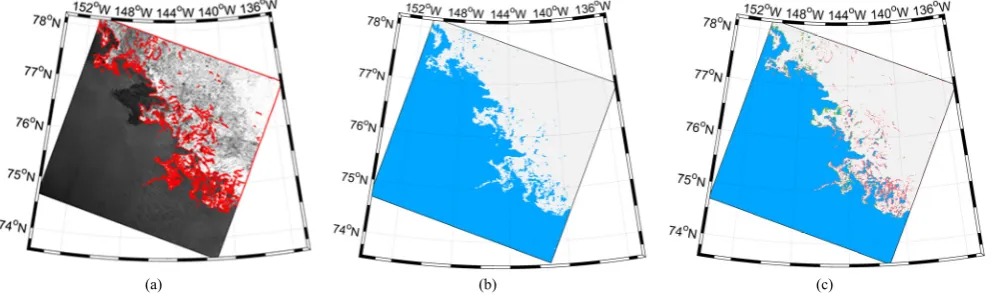 Fig. 9. (a) Visual interpretation of sea ice cover (the boundary is marked by the red line), (b) extracted sea ice cover (white) using the S1 EW image, and (c) the comparison of the SAR result with visual interpretation
