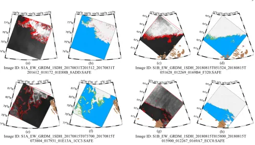Fig. 11. A case of S1-derived sea ice cover and its comparison with the IMS data: (a) the denoised S1 image in HV polarization, (b) the extracted sea ice cover using the proposed method, (c) the IMS sea ice chart, and (d) the match-up between (b) and (c)