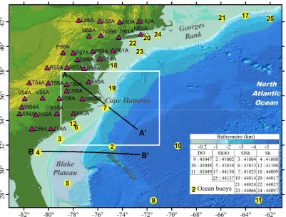 Figure 1. Study area and locations of transportable array (TA) stations (triangles) and NOAA buoys (yellow circles), recordings of which are analyzed in this study