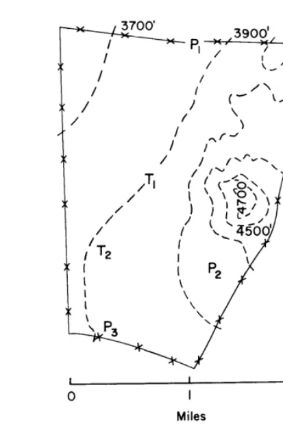 FIG. 1. Study pasture, showing permanent (P) and temporary (T) watering places and contour lines