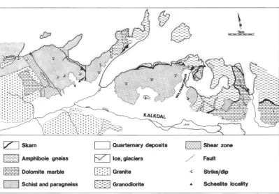 Fig. 2. Geological and scheelite-mineralization map of Kalkdal 