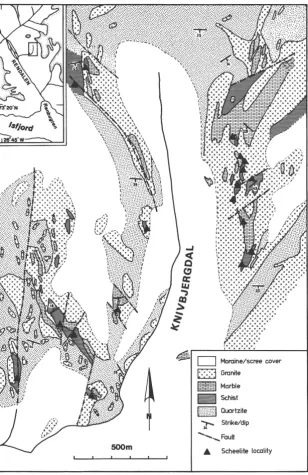 Fig. 3. Geological and scheelite-mineralization map of Knivbjergdal 