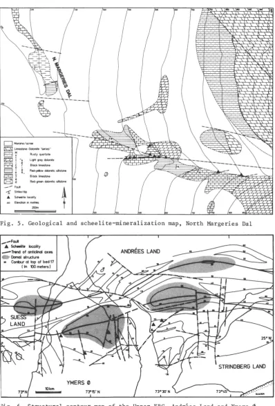 Fig. 5. Geological and scheelite-mineralization map, North Margeries Dal 