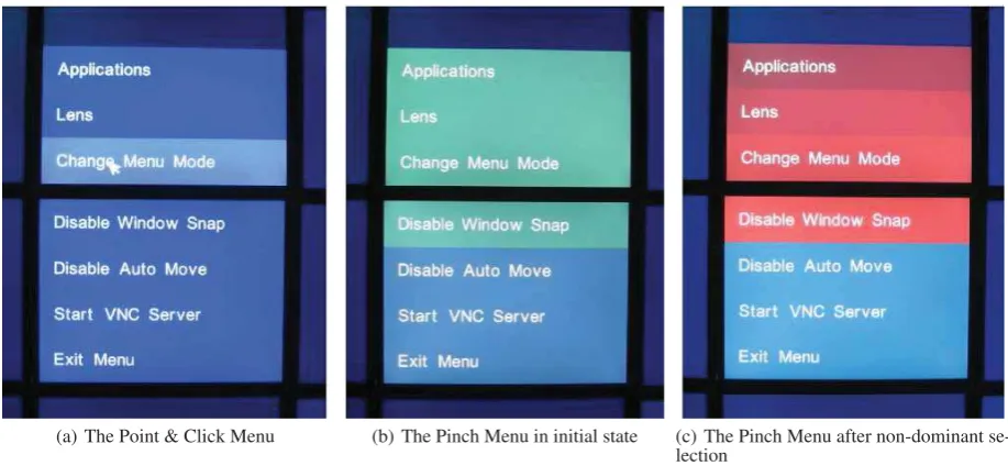 Figure 4: (a) The Point & Click menu system. (b) The pinch-menu when initially activated, waiting for the user to select one ofthe two groups (blue and green) using a non-dominant button
