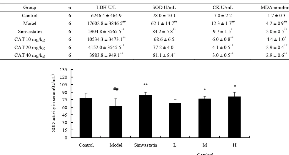 Table 1. Effect of catalpol on LDH, SOD, CK and MDA activity of rats with INN-induced myocardium infarction.