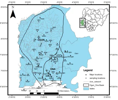 Figure 1. Sampling locations in Ogun and Ona catchment areas. 