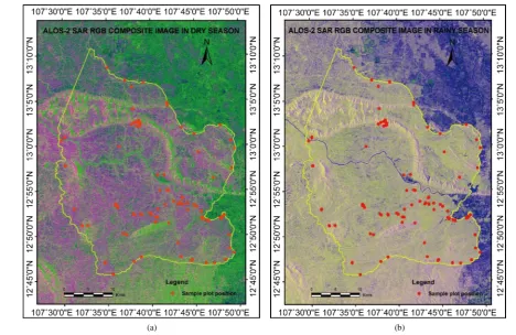 Figure 2. The distribution of the location of sample plots established during field survey over the RGB color composite im-ages: (a) Dry season RGB image, and (b) Rainy season RGB image