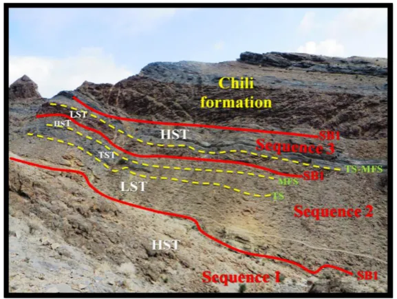 Figure 12. Image of the first, second and third depositional sequences of Gachal formation in Madbeiki section: HST system tract in the first depositional sequence includes horizontally stratified, thick-to-medium, gray dolomitic limestone
