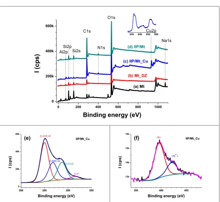 Figure 3. XPS analysis of Mt, Mt_DZ and IIP/Mt_Cu (before extraction of copper) and IIP/Mt (after extraction of copper)