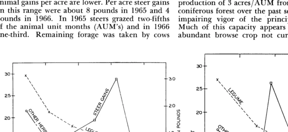 FIG. 3. Percent crude protein of important forages in the mixed coniferous forest and average daily gains of steers (intermediate winter gains) in 1965 (left) and 1966 (right)