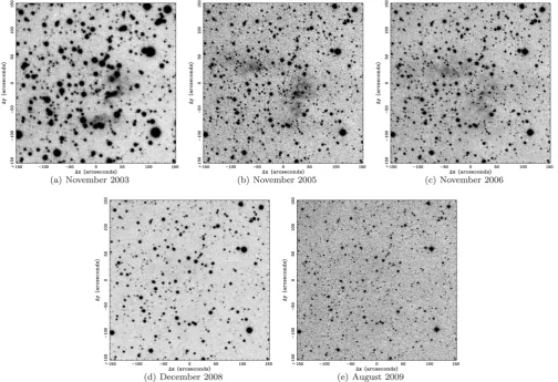 Figure 7. H α images of V2275 Cyg from IPHAS. See text for a discussion about the three blobs of material
