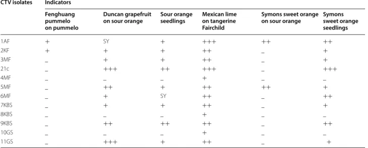 Table 2  Response of indicator hosts graft inoculated by CTV isolates