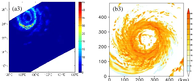 Figure 4. The TRMM 2A12 surface precipitation (unit: mm/h) (left column) and the simulated radar echo (right column) (Z=50 m, unit: dBZ), where (a1) and (b1) represent the 