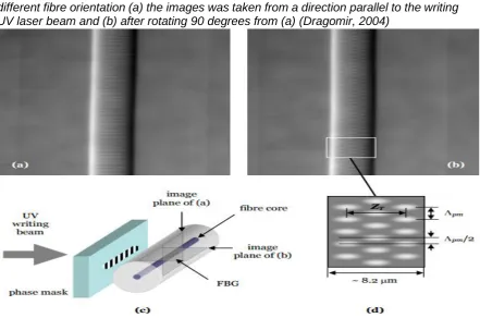 Figure 2.12: DIC images of the fibre core containing Bragg grating, recorded for two different fibre orientation (a) the images was taken from a direction parallel to the writing 