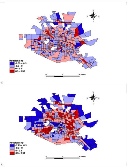 Figure 4Random EffectsMap Decomposition of the log Relative Risks for the Random Effect Part into a) Unstructured, and b) Spatially Dependence Map Decomposition of the log Relative Risks for the Random Effect Part into a) Unstructured, and b) Spatially Dep
