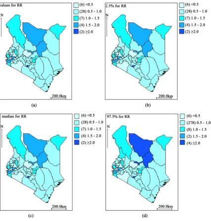 Table 3, revealed that the overall mean of the posterior relative risk is −0.17 (95% credible interval = (−0.31, 0.49 indicating significance of variability of TB risk among counties