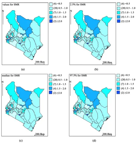 Figure 2. Kenya county level standardized mortality ratio’s maps: (a) The mean of the SMR and its 2.5% quantile (b), median (c) and 97.5% quantile (d)