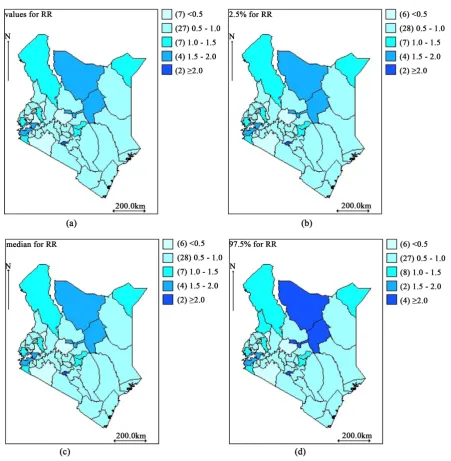Figure 3. Kenya county level poisson-gamma posterior mean relative risk maps: (a) The mean of the posterior relative risk and its 2.5% quantile (b), median (c) and 97.5% quantile (d)