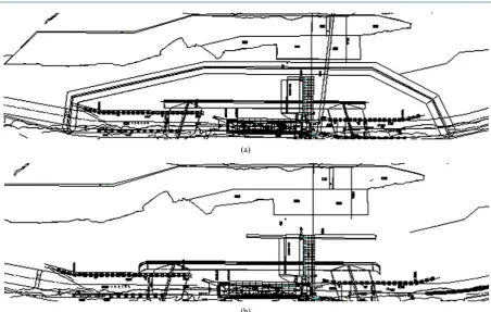 Figure 5. The modification scheme layout in the first construction period. (a) The cofferdam layout in dry season