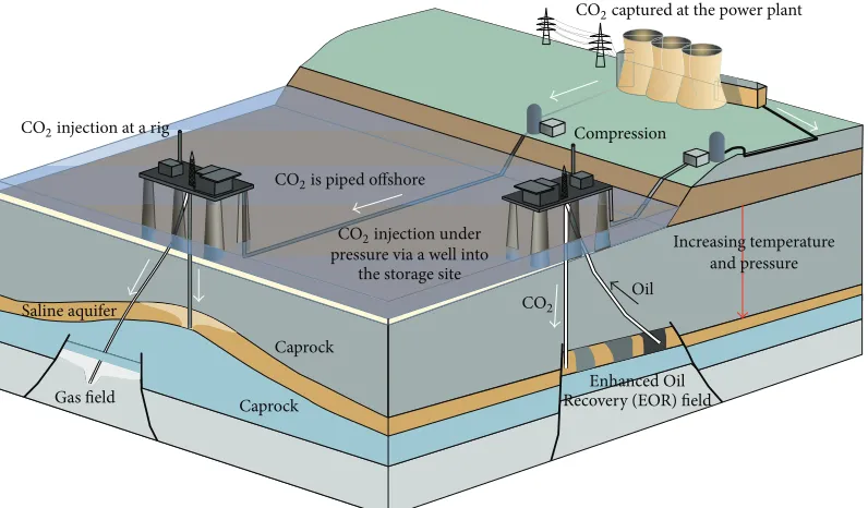 Figure 1: Schematic of CCS infrastructure showing the five steps of the technology and the geological media of storage [137].