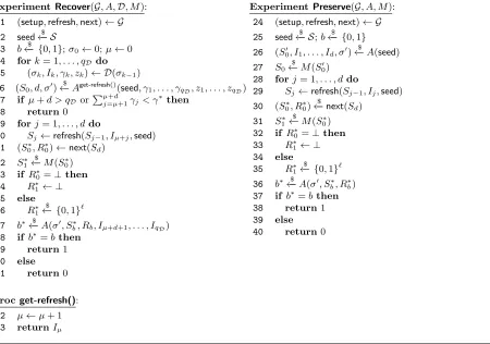 Fig. 7. Security experiments for recovering and preserving security, with respect to a witness masking function M.