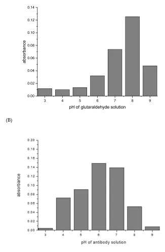 Fig. 4 (A): Protein G: pH influence of glutaraldehyde solution on the preactivation immobilization of mouse IgG1