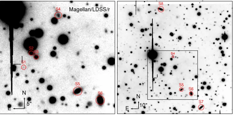 Figure 4. Magellan/LDSS3 r-band images of the location of GRB 090305. Galaxies near the position of the optical afterglow (cross-hairs) are marked.(A color version of this ﬁgure is available in the online journal.)
