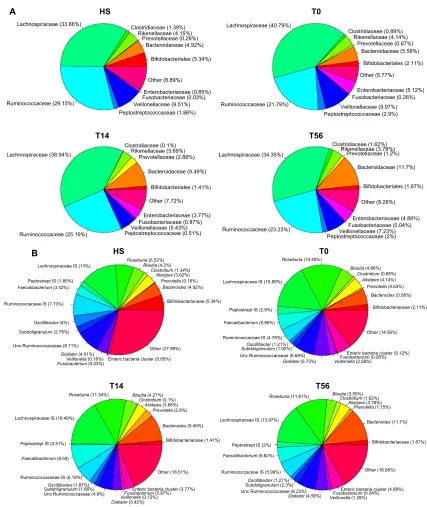 Figure 2 Pie charts of the community compositions of samples derived from iBs patients and healthy subjects.Notes: The mean values of the major order/family level taxa (A) and genera (B) are presented for each study group