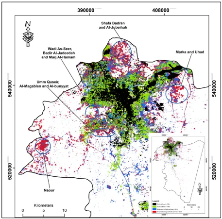 Figure 6. Built up area changes during (1984-2014) and the predicted built up area in 2030 of the stdy area
