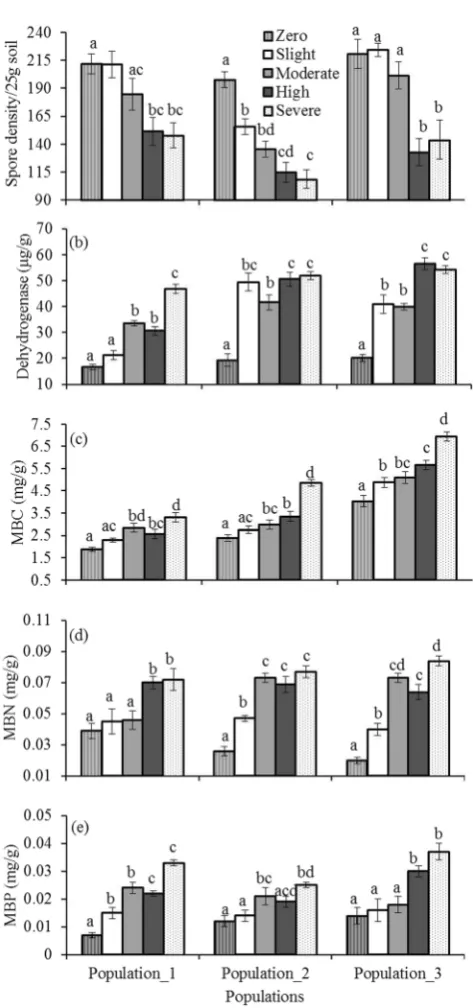 Figure 4. Influence of categories within each population (Phragmites australis density on biological properties of soil (a) arbuscular mycorrhizal fungi (AMF) spore density, (b) dehydrogenase activity (DHA), (c) microbial biomass carbon (MBC), (d) microbia