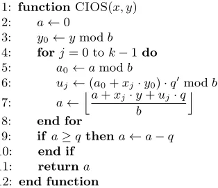 Fig. 1. The Montgomery multiplication algorithm. Theq xi’s and yi’s are the digits of x and y in base b;′ = −q−1 mod b is precomputed