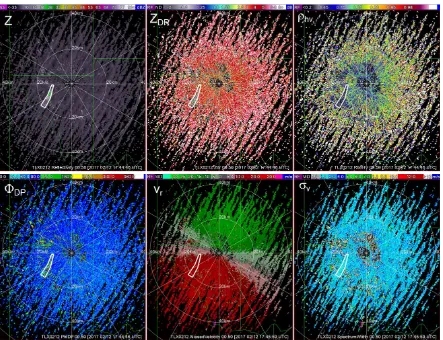 Figure 4. Fields of reflectivity, differential reflectivity, correlation coefficient, differential phase, Doppler velocity, and spectrum width