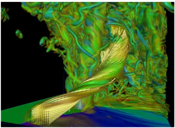 Figure 5. VAPOR version two volume rendering of the 3D vorticity ﬁeld and air trajectories calculatedusing the unsteady ﬂow option from a simulation conducted in year 2014