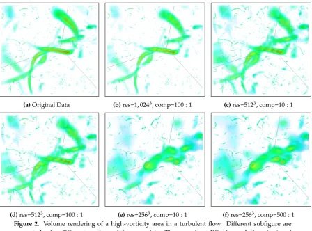 Figure 2. Volume rendering of a high-vorticity area in a turbulent ﬂow. Different subﬁgure aregenerated using different versions of the same data