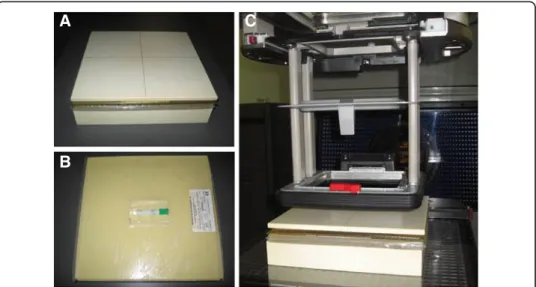 Figure 5 Varian 21EX LINAC and customized phantom. A. Phantom for irradiation of blood samples