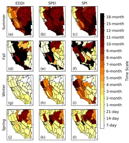 Figure 7: Time scale of each drought index associated with the 90-day lag correlations shown in Figure 5