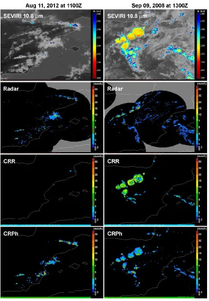 Figure 5. SEVIRI/Radar/CRR/CRPh comparisons for two cases illustrating (left) the improvement in the detection of precipitation from relatively warm cloud tops in the CRPh algorithm compared to the CRR algorithm; and (right) the ability of the CRPh algorit
