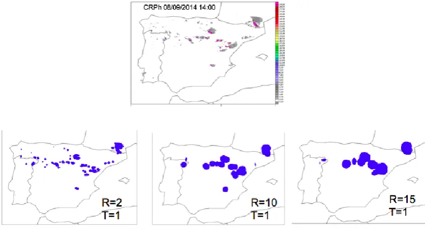 Figure 6. Effects of different convolution radius R (2, 10 and 15) on the MODE metric, for the same threshold value T (1 mm/h)