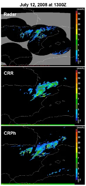 Figure 3. A comparison of the radar-derived precipitation estimate (top), the output of the CRR algorithm (middle) and the new CRPh estimate (bottom)