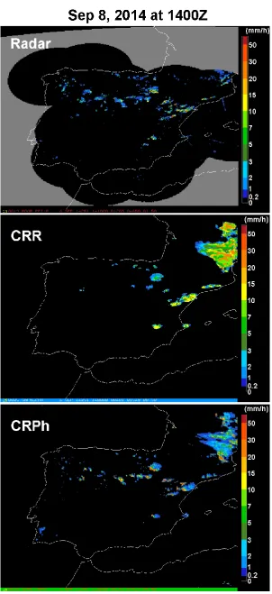 Figure 4. As figure 3 for September 9, 2008, 1300 Z case. In this case, the CRPh also clearly outperforms the CRR both in identification of precipitation and in the actual rainfall rates