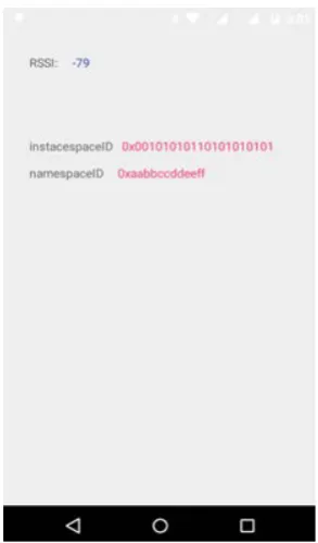 Figure 3. Screenshot of the android application showing the Instancespacea and Namespace Id received from the beacon